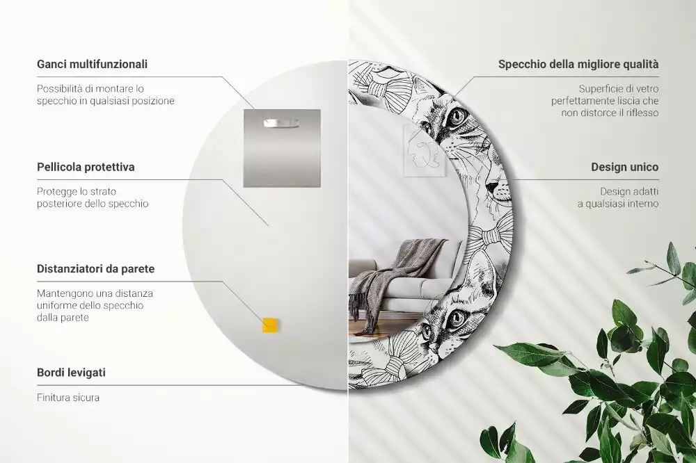 Oglindă rotundă ramă cu imprimeu Pisici