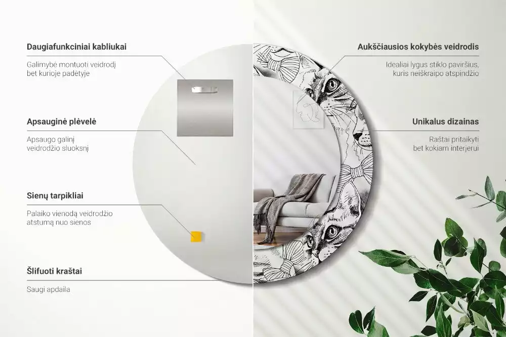 Oglindă rotundă ramă cu imprimeu Pisici