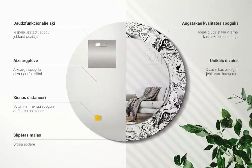 Oglindă rotundă ramă cu imprimeu Pisici