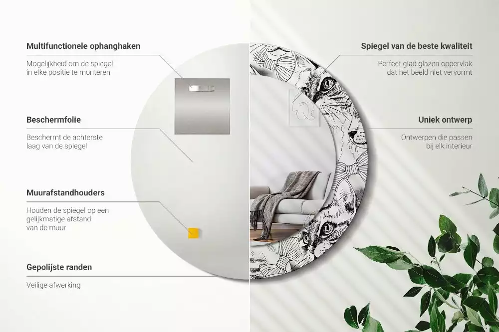 Oglindă rotundă ramă cu imprimeu Pisici