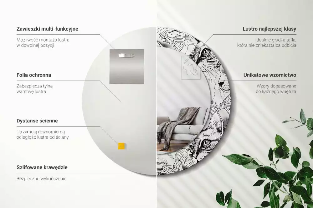 Oglindă rotundă ramă cu imprimeu Pisici