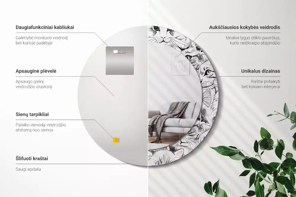 Oglindă rotundă ramă cu imprimeu Pisici