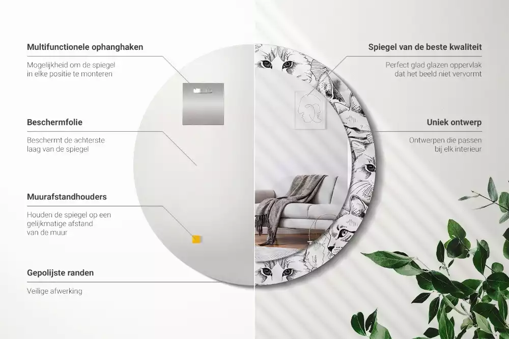 Oglindă rotundă ramă cu imprimeu Pisici