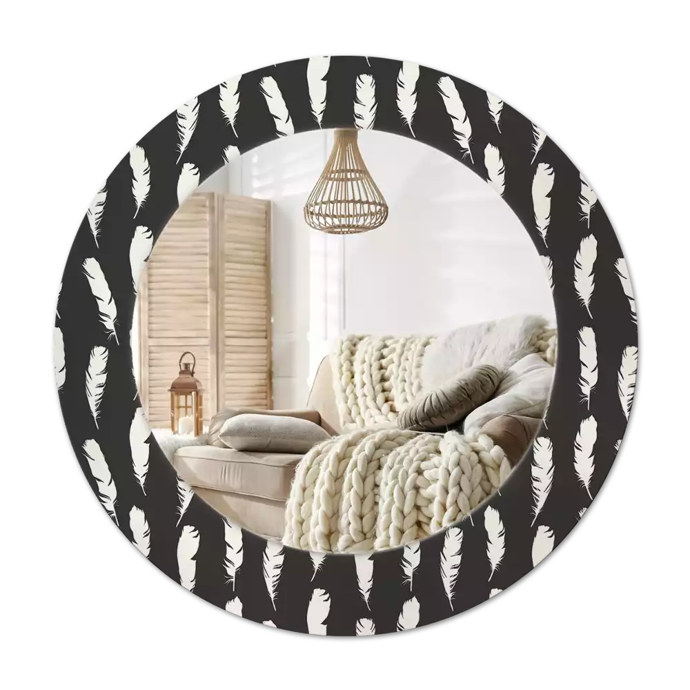 Oglindă cu decor rotundă Pene alb-negru