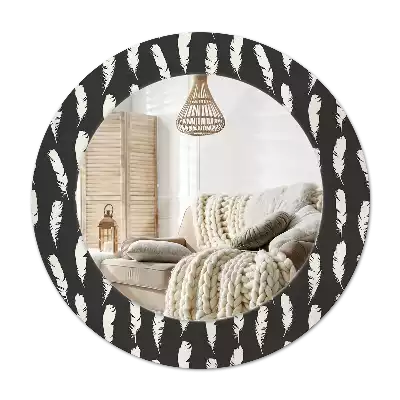 Oglindă cu decor rotundă Pene alb-negru