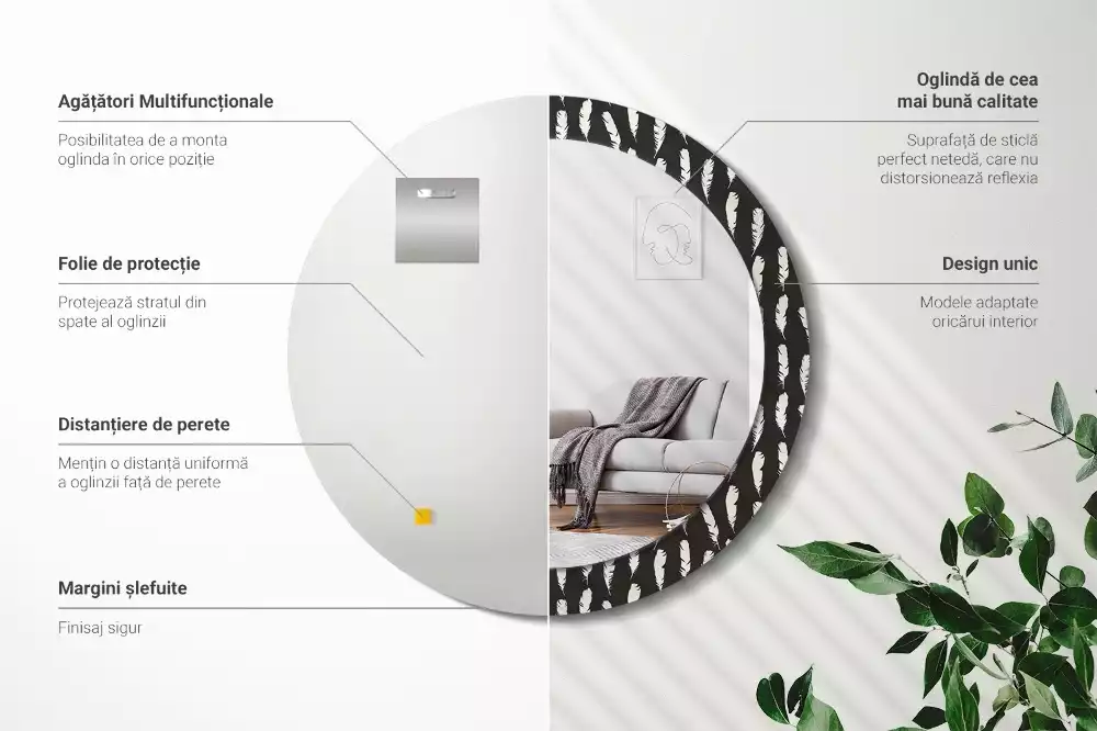 Oglindă cu decor rotundă Pene alb-negru