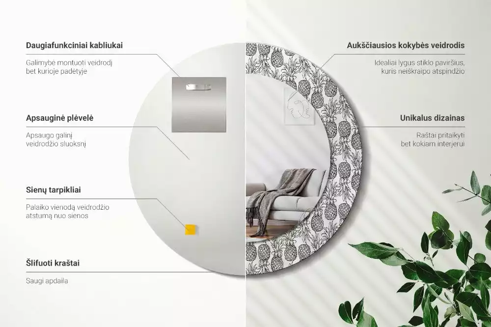 Oglindă rotundă ramă cu imprimeu Ananași