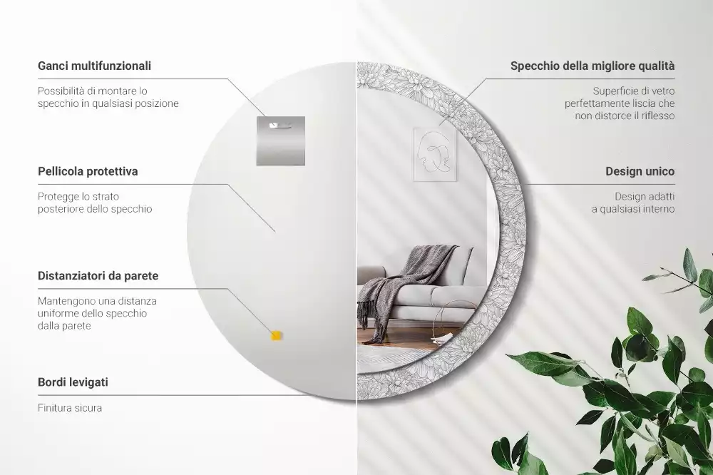 Oglindă rotundă ramă cu imprimeu Flori de lotus