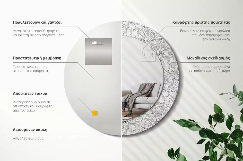 Oglindă rotundă ramă cu imprimeu Flori de lotus