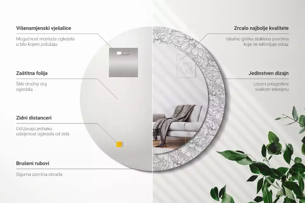 Oglindă rotundă ramă cu imprimeu Flori de lotus