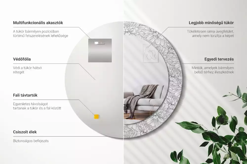 Oglindă rotundă ramă cu imprimeu Flori de lotus