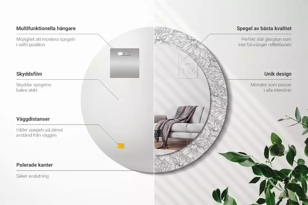 Oglindă rotundă ramă cu imprimeu Flori de lotus