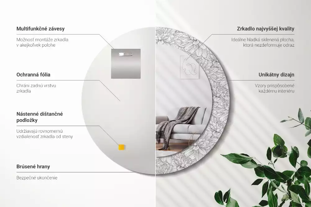 Oglindă rotundă ramă cu imprimeu Flori de lotus