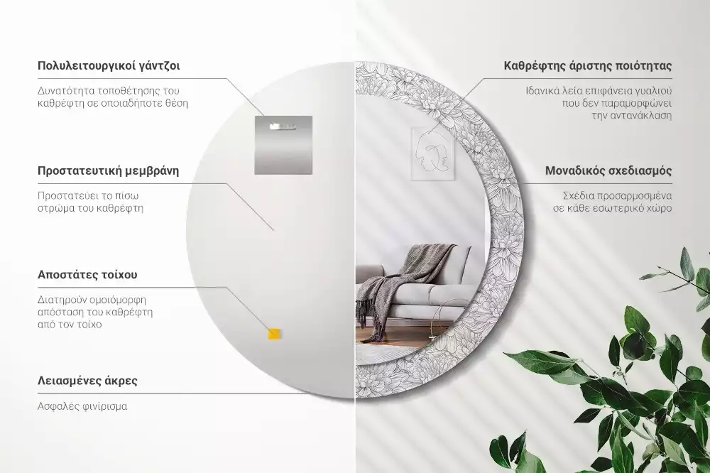 Oglindă rotundă ramă cu imprimeu Flori de lotus