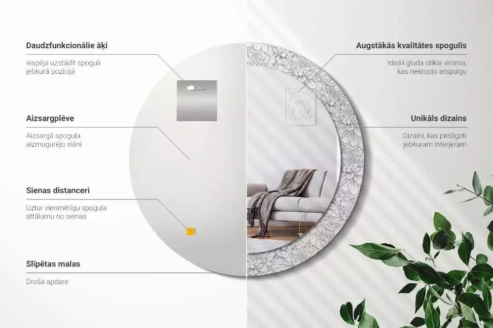 Oglindă rotundă ramă cu imprimeu Flori de lotus