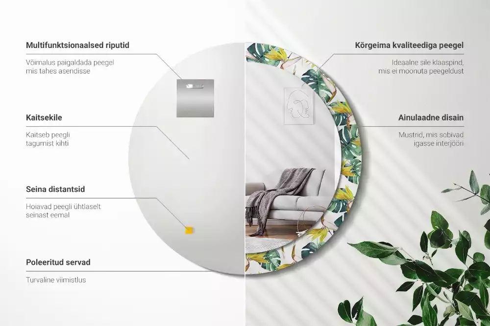 Oglindă rotundă imprimată Frunze tropicale