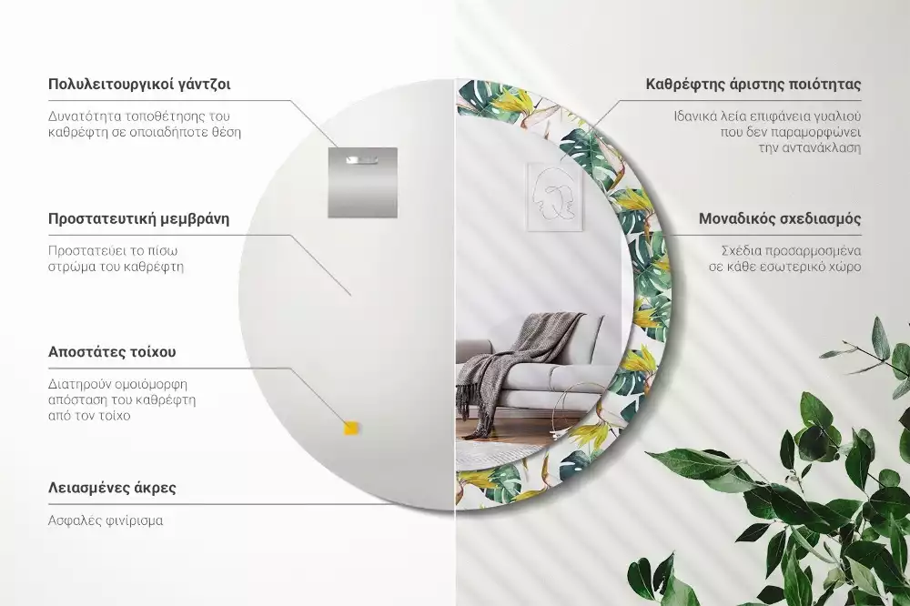 Oglindă rotundă imprimată Frunze tropicale