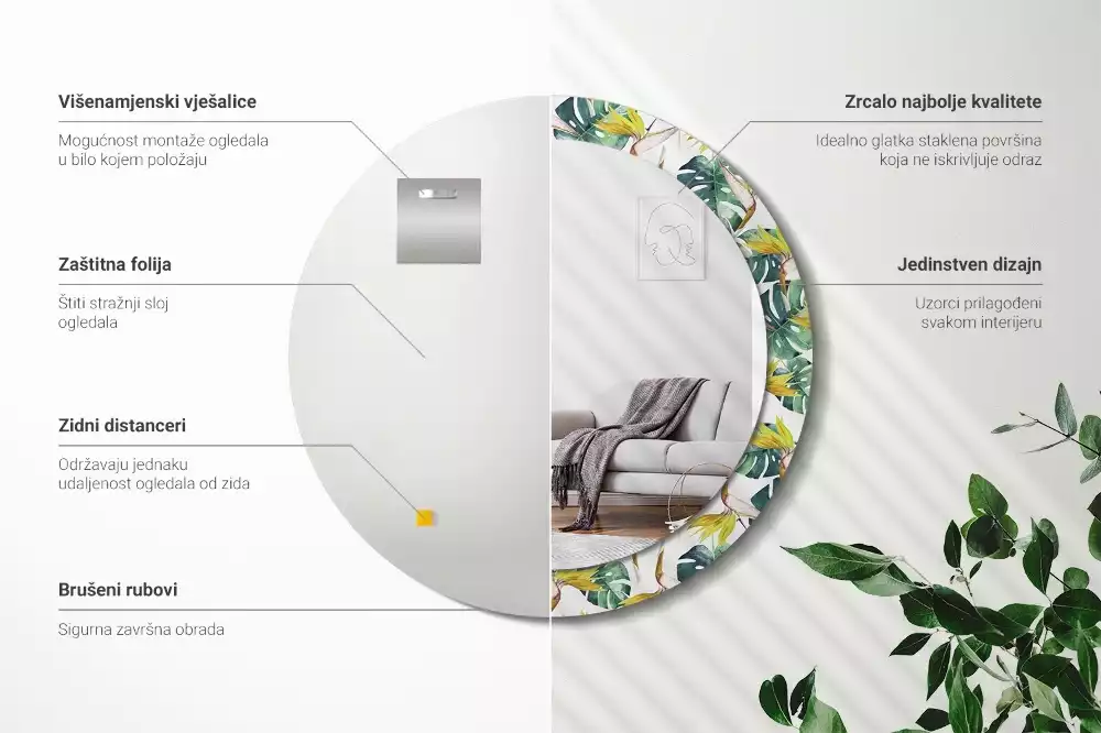 Oglindă rotundă imprimată Frunze tropicale