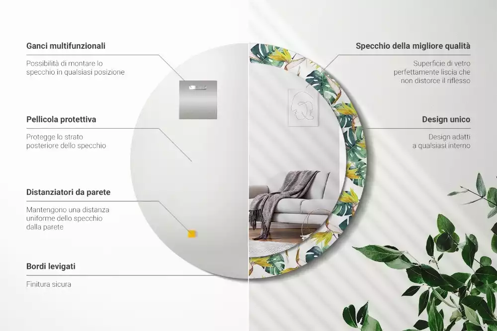 Oglindă rotundă imprimată Frunze tropicale