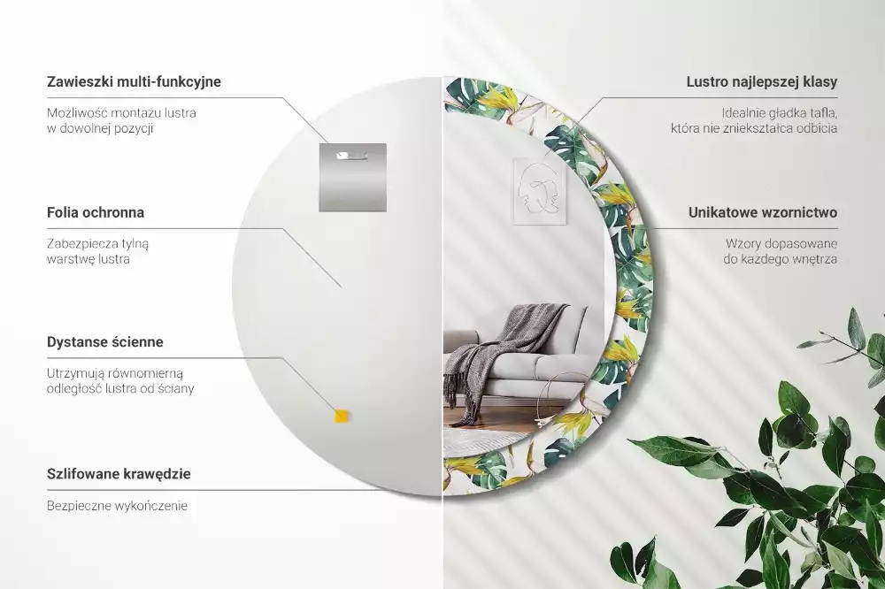 Oglindă rotundă imprimată Frunze tropicale
