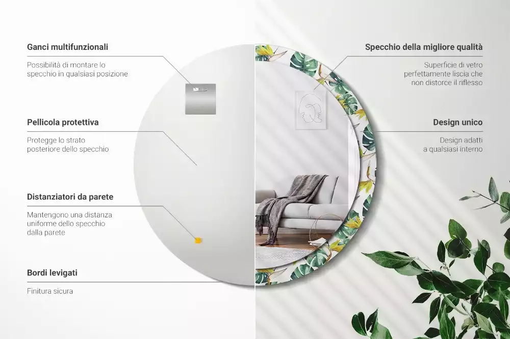 Oglindă rotundă imprimată Frunze tropicale