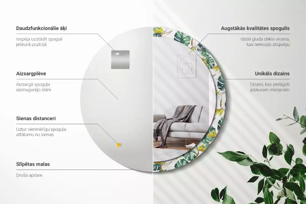 Oglindă rotundă imprimată Frunze tropicale