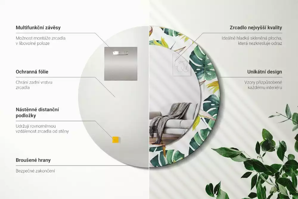 Oglindă rotundă imprimată Frunze tropicale