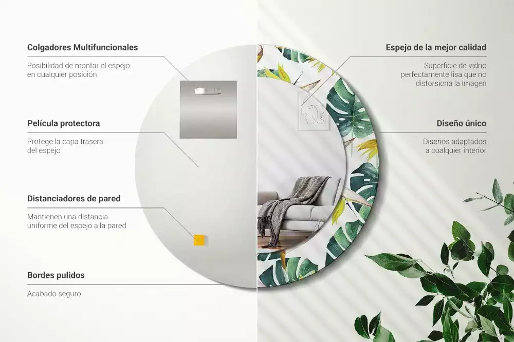 Oglindă rotundă imprimată Frunze tropicale
