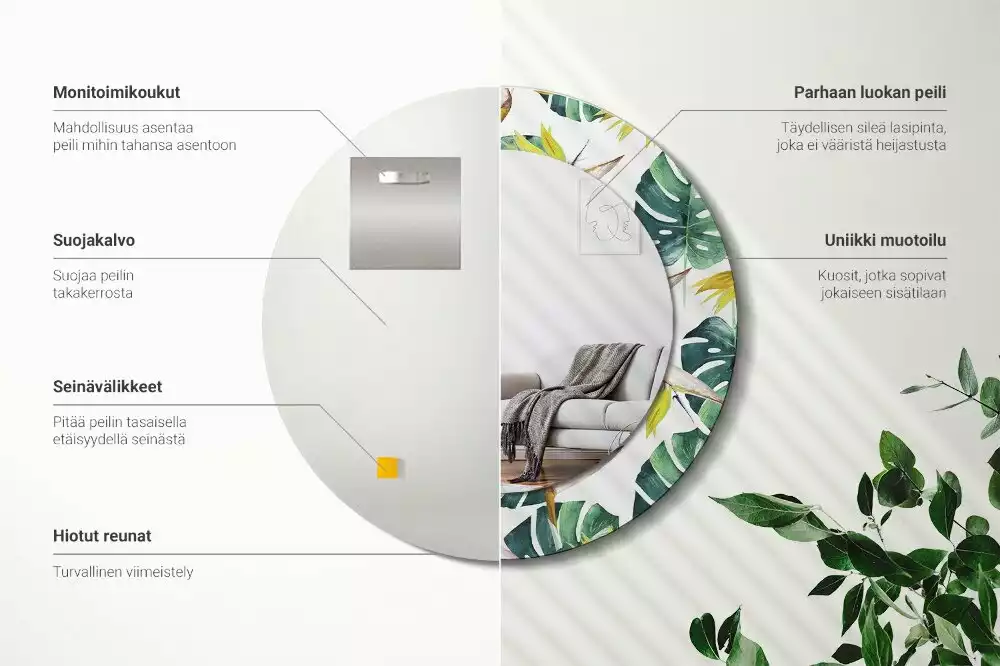 Oglindă rotundă imprimată Frunze tropicale