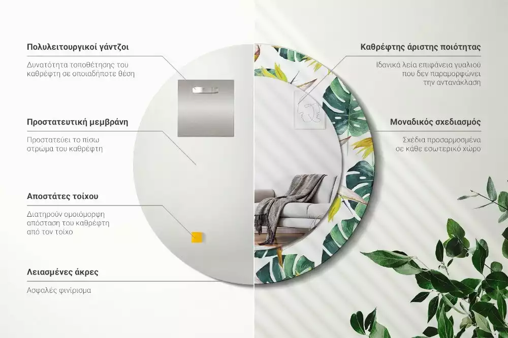 Oglindă rotundă imprimată Frunze tropicale