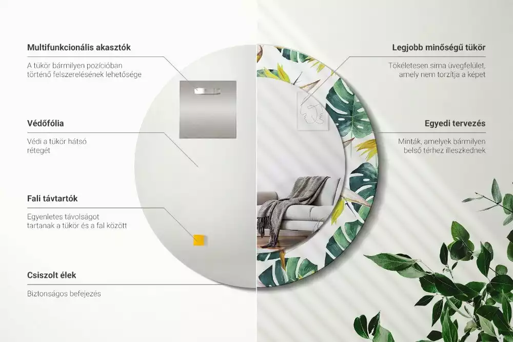 Oglindă rotundă imprimată Frunze tropicale