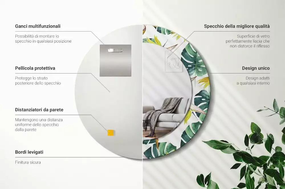 Oglindă rotundă imprimată Frunze tropicale