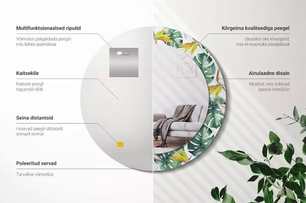 Oglindă rotundă imprimată Frunze tropicale