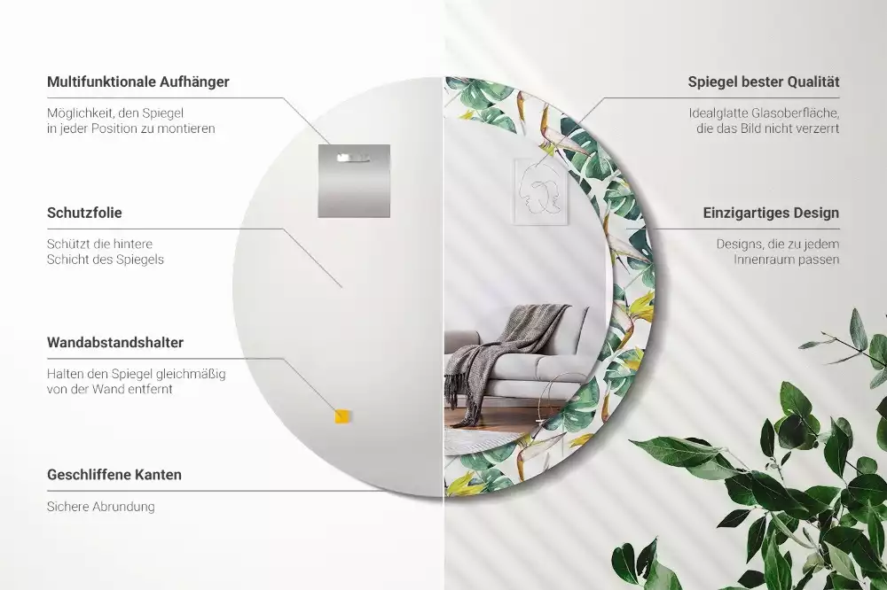 Oglindă rotundă imprimată Frunze tropicale