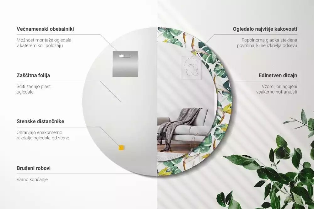 Oglindă rotundă imprimată Frunze tropicale