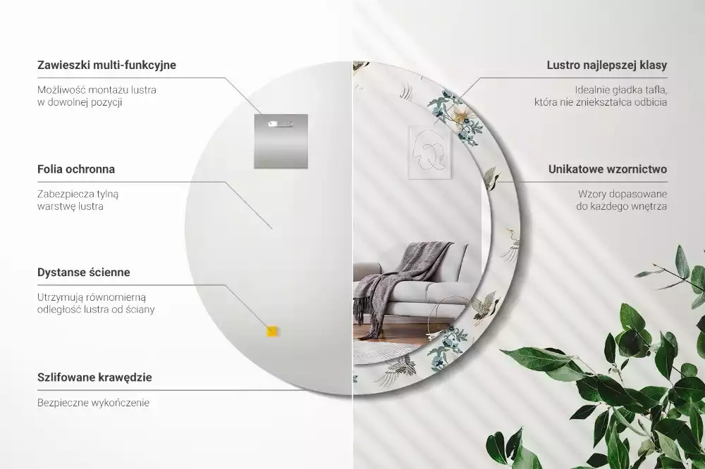 Oglindă cu decor rotundă Păsări chinezești