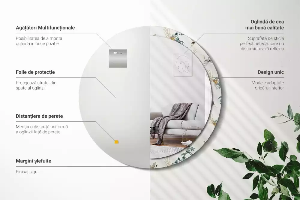 Oglindă cu decor rotundă Păsări chinezești