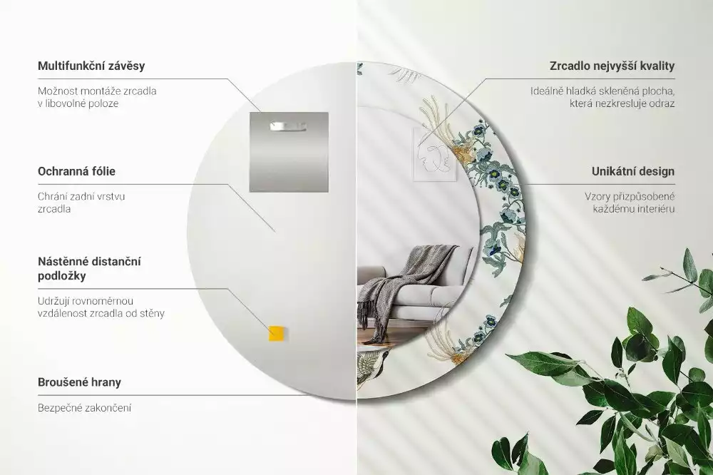 Oglindă cu decor rotundă Păsări chinezești