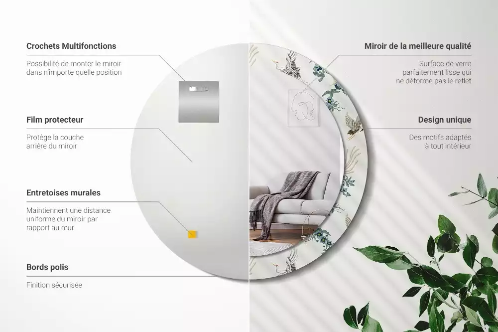 Oglindă cu decor rotundă Păsări chinezești