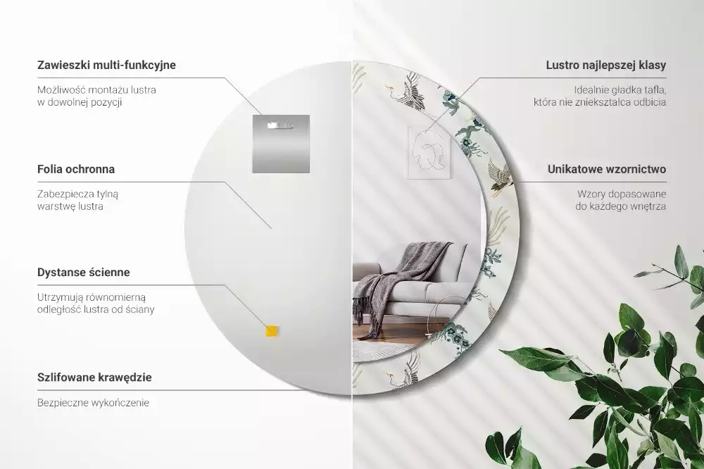 Oglindă cu decor rotundă Păsări chinezești