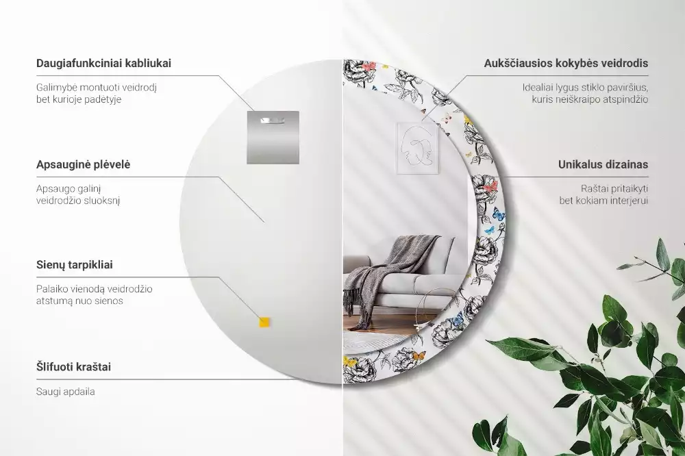 Oglindă rotundă imprimată Fluturi colorați