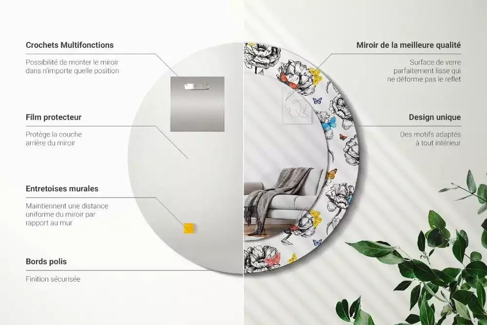 Oglindă rotundă imprimată Fluturi colorați