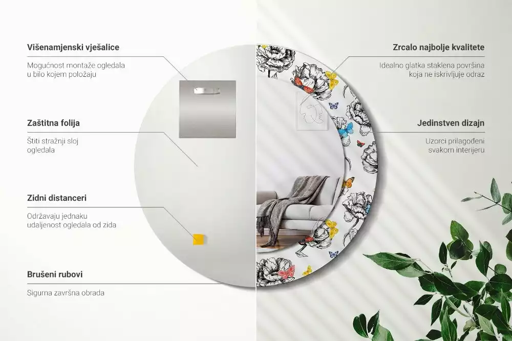 Oglindă rotundă imprimată Fluturi colorați