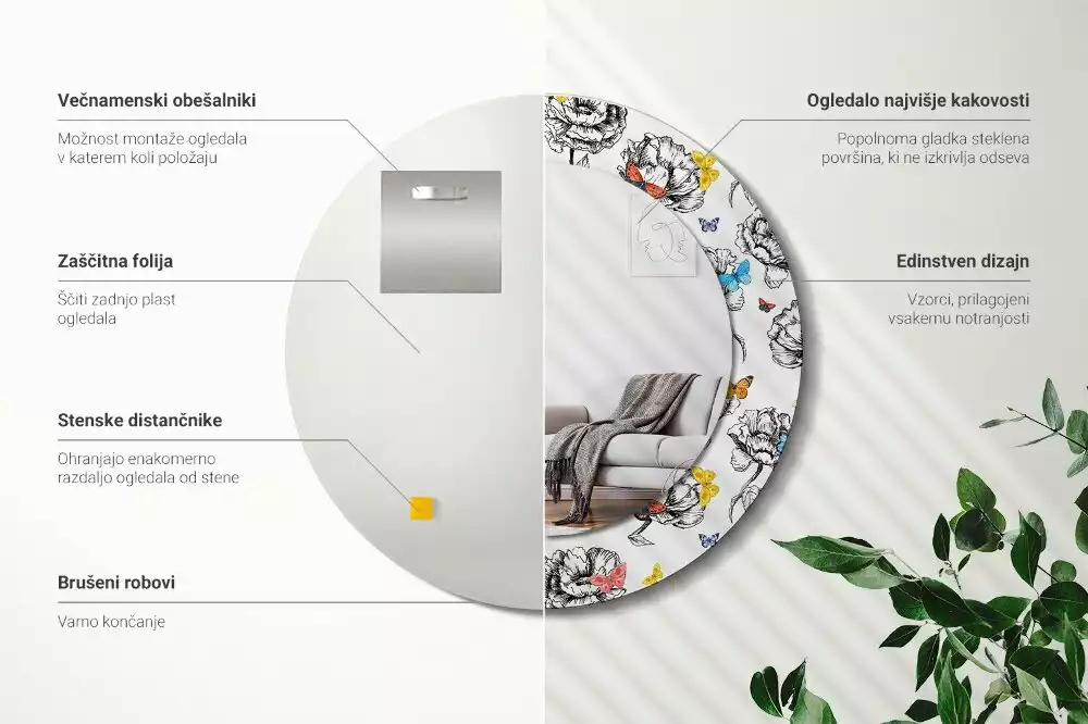 Oglindă rotundă imprimată Fluturi colorați
