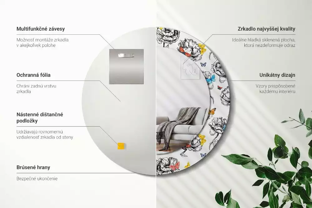 Oglindă rotundă imprimată Fluturi colorați