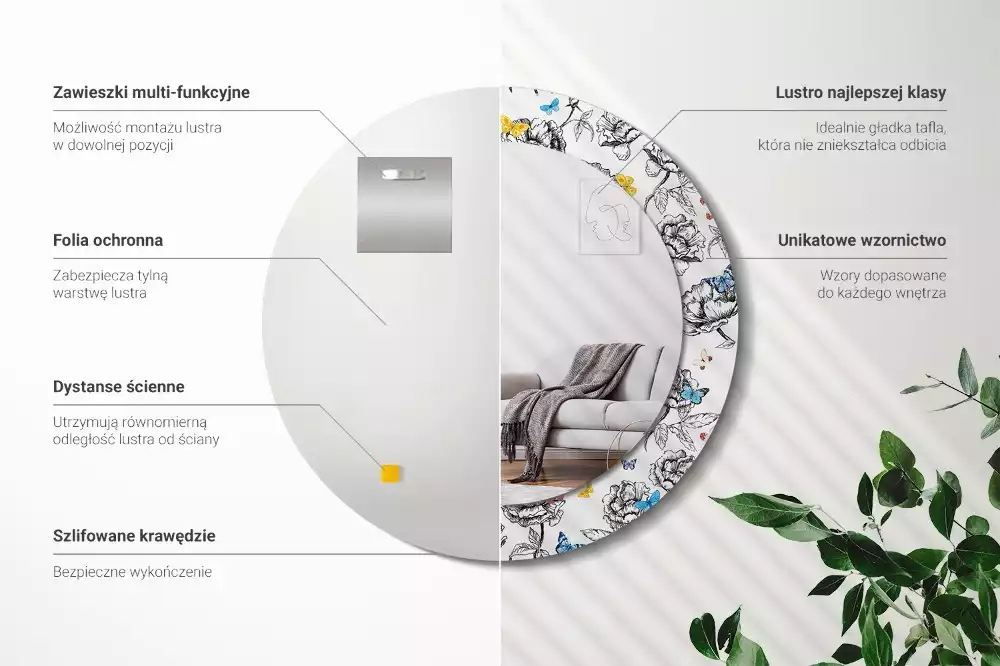 Oglindă rotundă imprimată Fluturi colorați