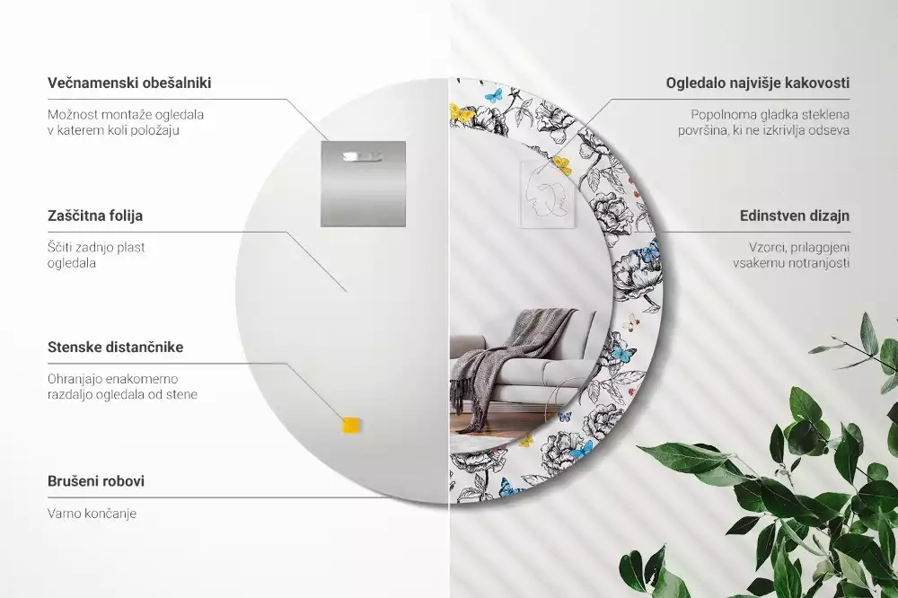 Oglindă rotundă imprimată Fluturi colorați