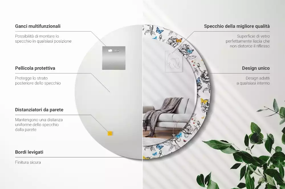 Oglindă rotundă imprimată Fluturi colorați