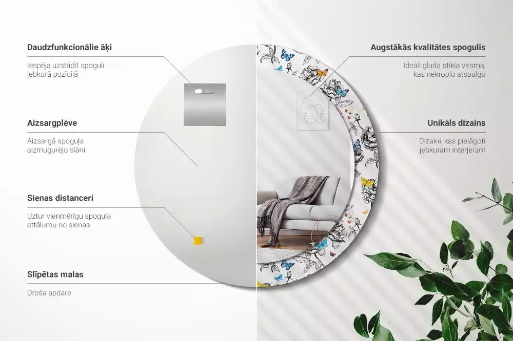 Oglindă rotundă imprimată Fluturi colorați