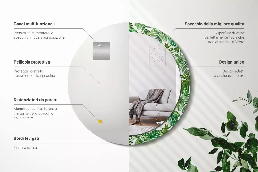 Oglindă cu decor rotundă Frunze din junglă